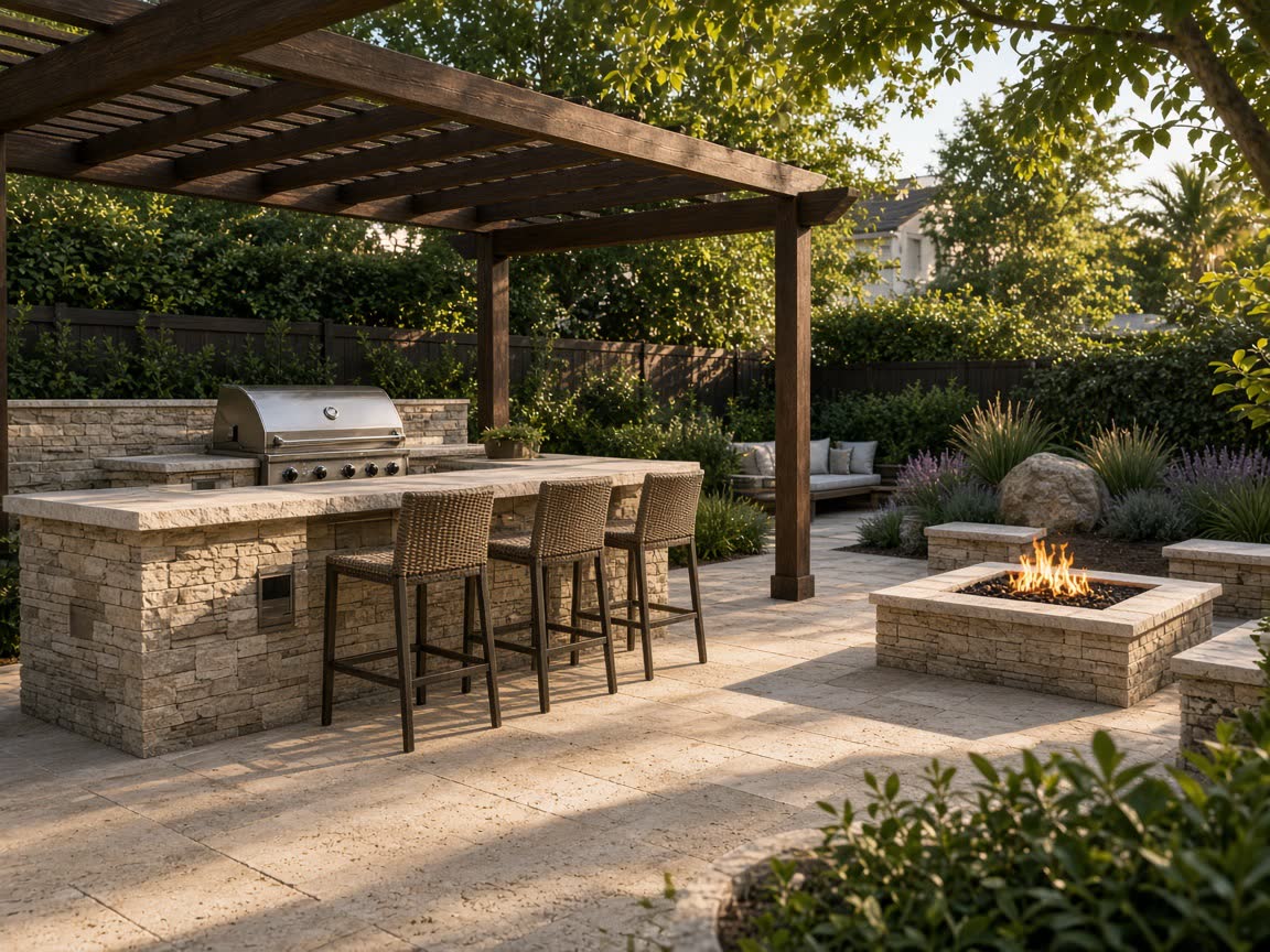 Backyard with outdoor kitchen after